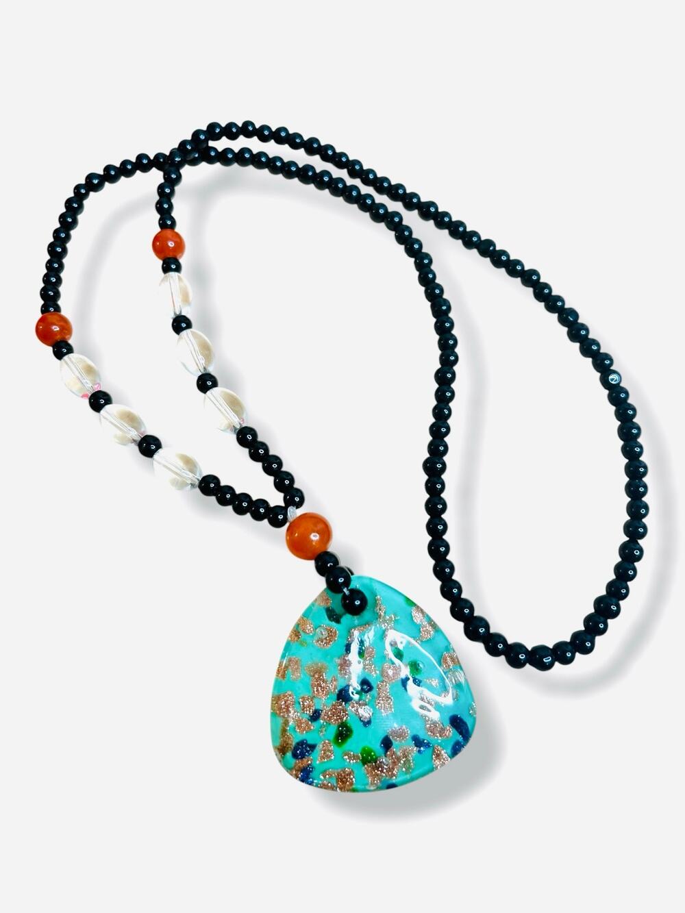 Artisan Gypsy Shimmer Green Glass Pendant Necklace Black Red Glass Beaded